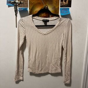 Cream and Navy Polka Dot Long Sleeve Scooped V-Neck